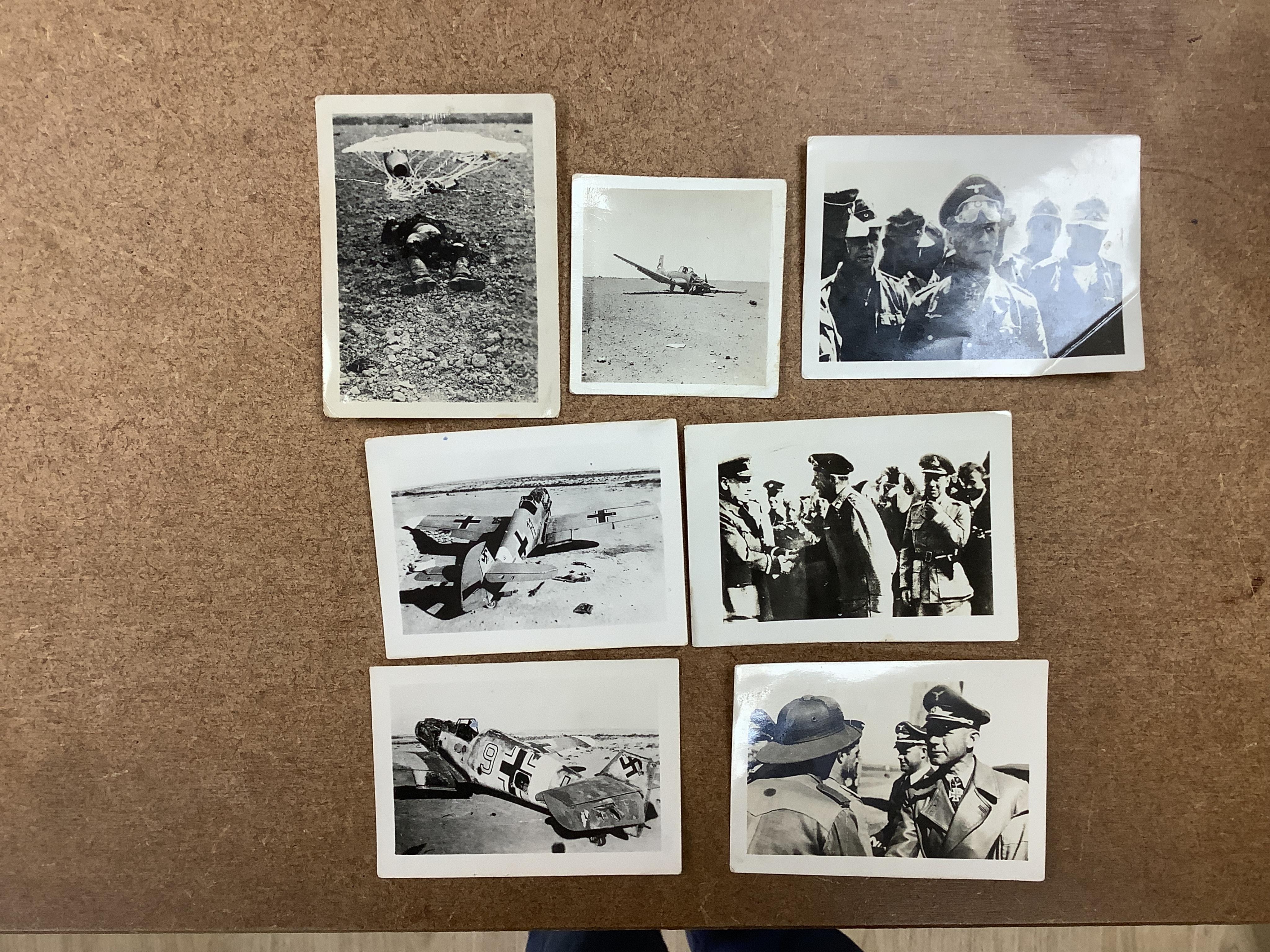 An archive of RAF etc memorabilia including WWII photographs of Churchill, Montgomery and Rommell etc. plus images of some crashed and damaged aircraft, together with hand written notes on the Bristol Pegasus engine, a m